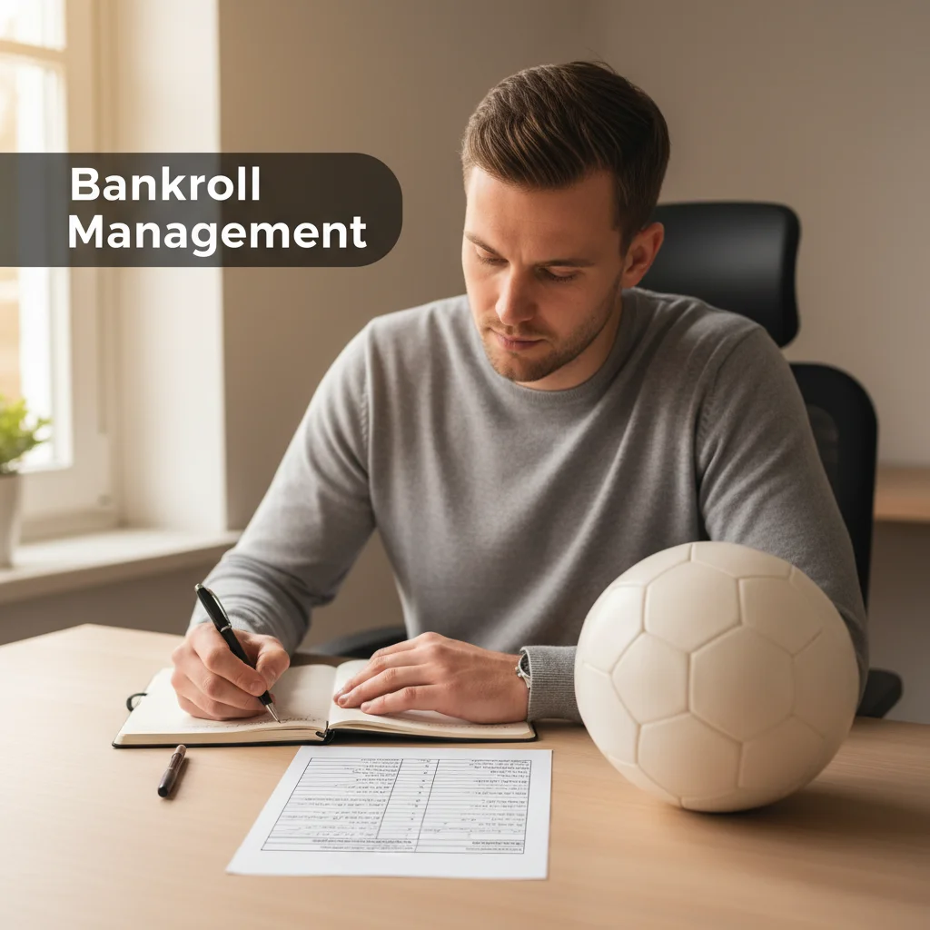 Man schrijft een overzicht van weddenschappen in een notitieboek aan een bureau met een voetbal op de achtergrond