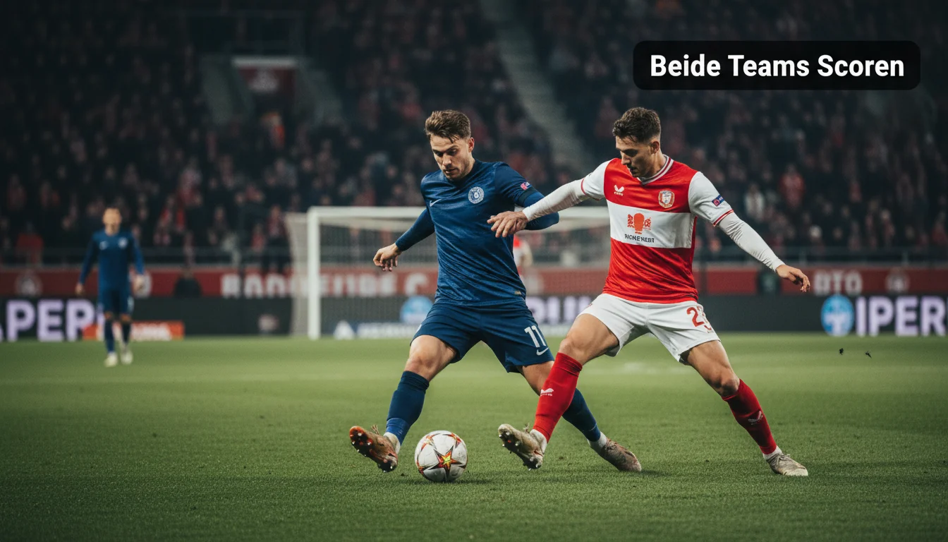 Twee Eredivisie-spelers van verschillende clubs jagen tegelijk op de bal in het strafschopgebied