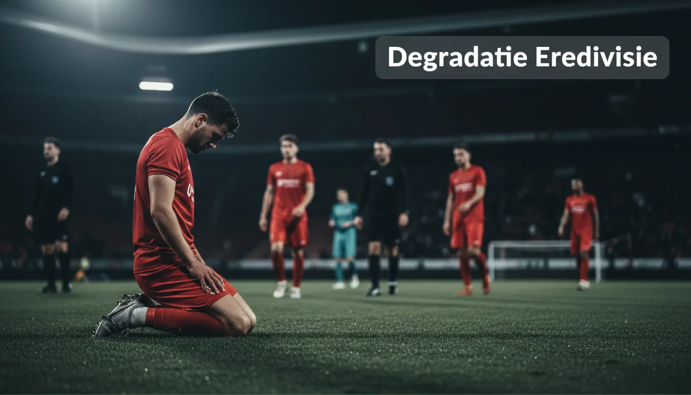 Teleurgestelde voetballer zit op de knie op het gras terwijl teamgenoten op de achtergrond zijn