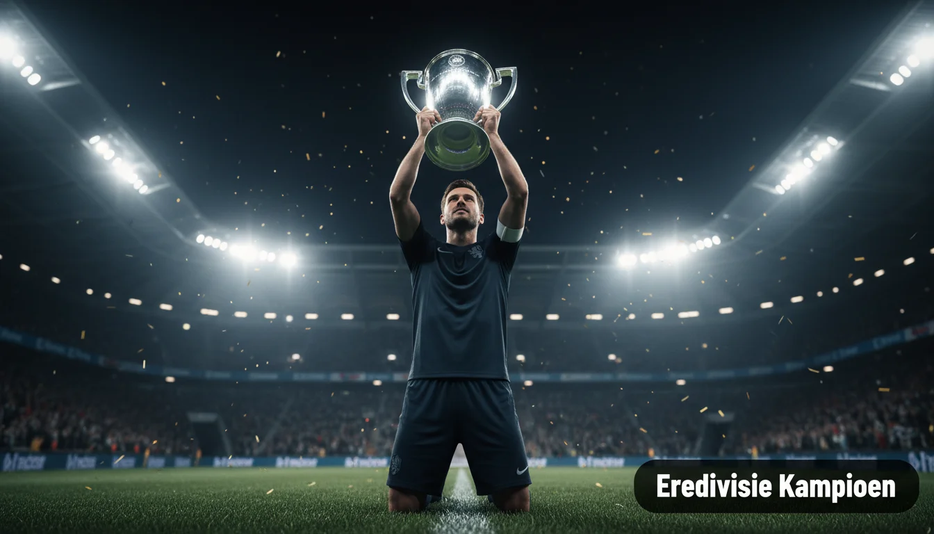 Eredivisie-aanvoerder heft de kampioenschapstrofee boven zijn hoofd op het gras van het stadion