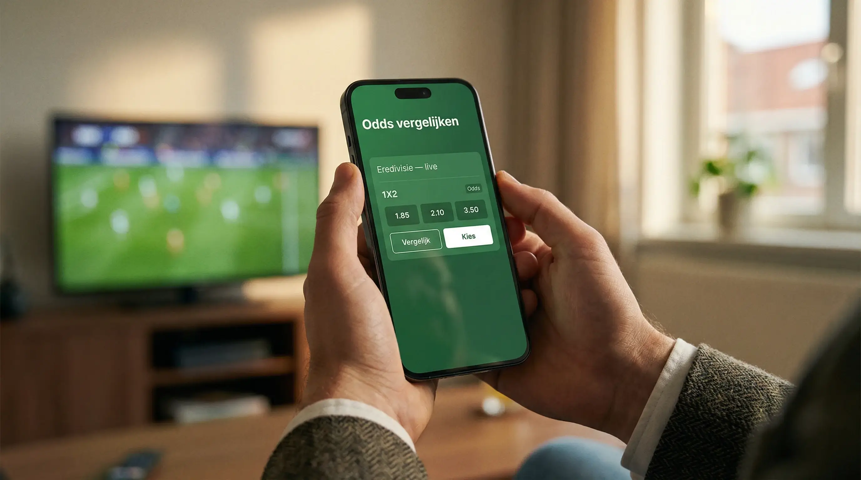 Persoon bekijkt Eredivisie odds op smartphone tijdens voetbalwedstrijd