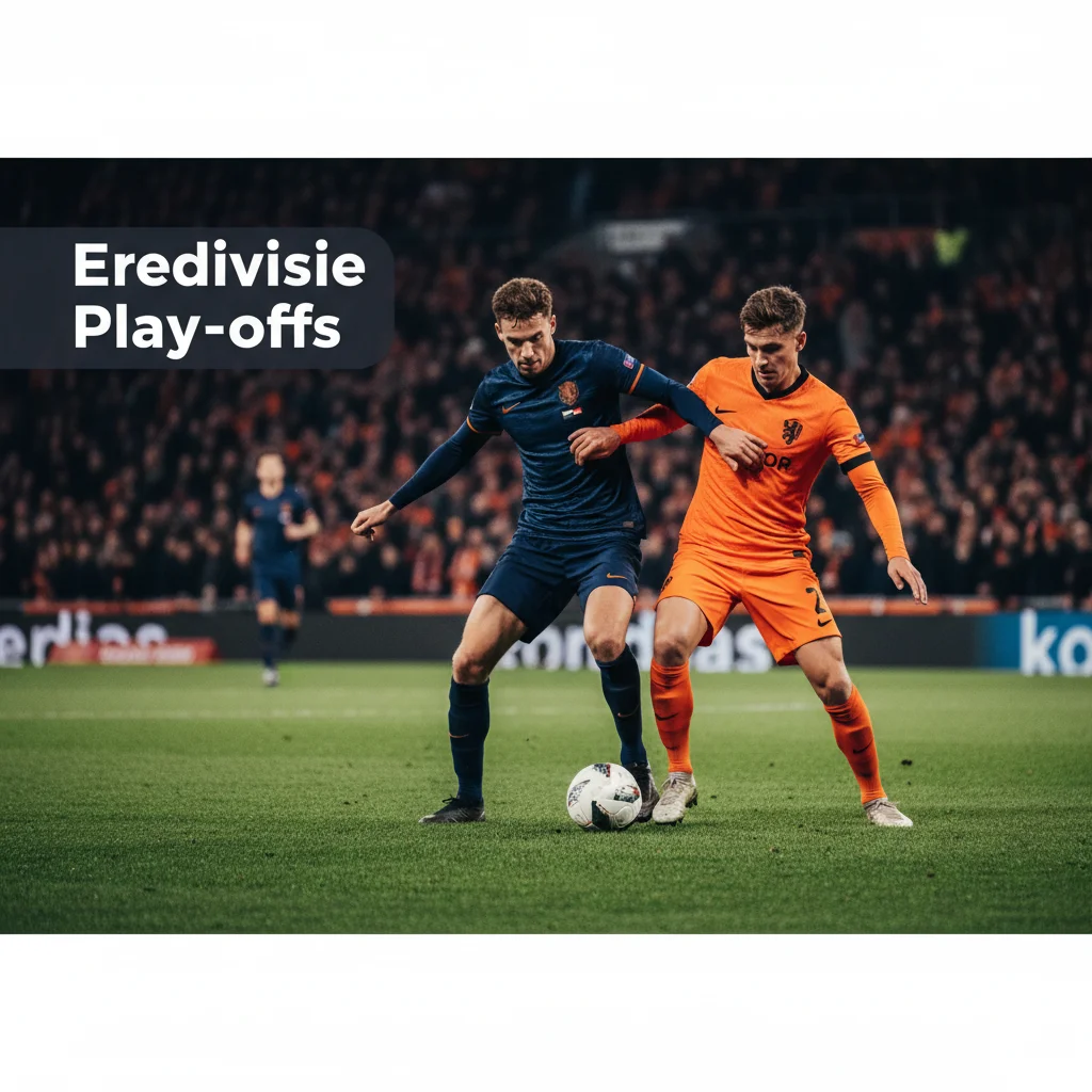 Twee teams strijden in een beslissende play-offwedstrijd op een vol verlicht Eredivisie-stadion