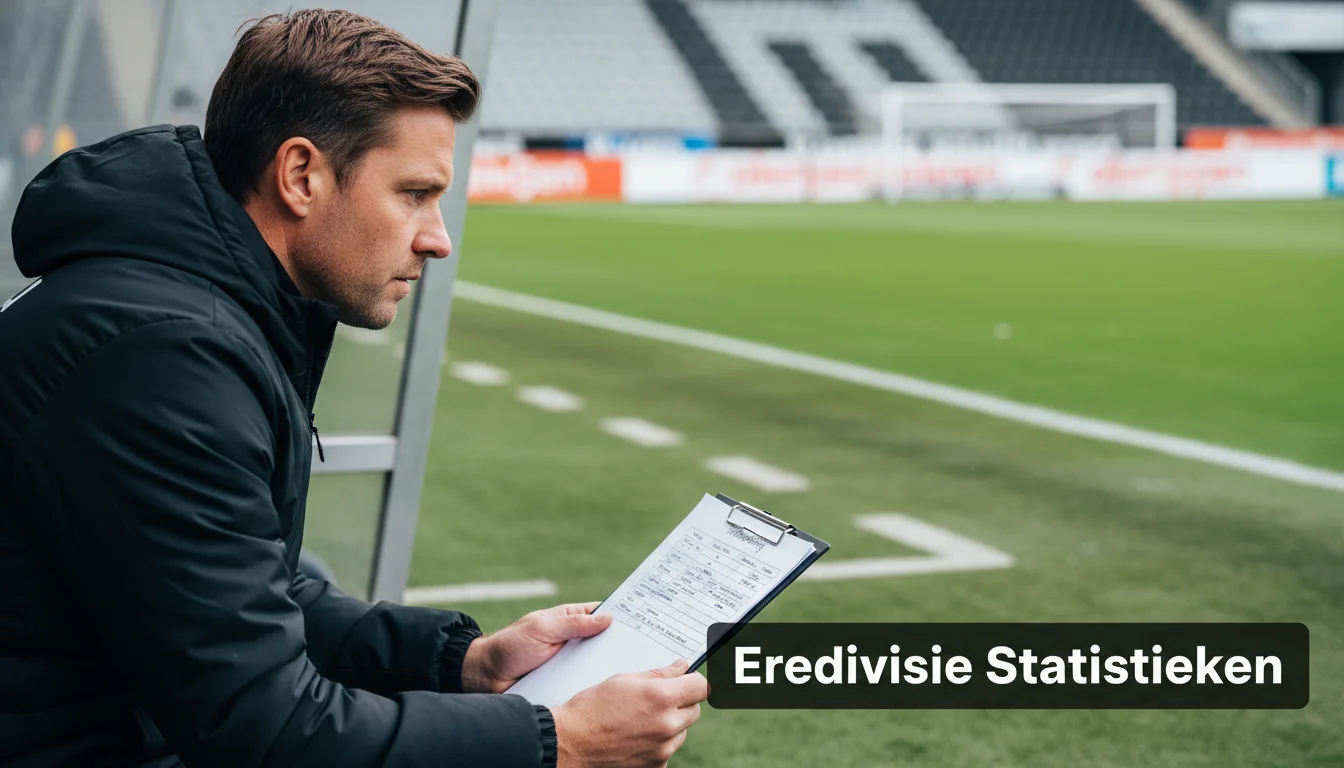 Voetbalcoach bestudeert een vel papier met statistieken in de dug-out langs een Eredivisie-veld
