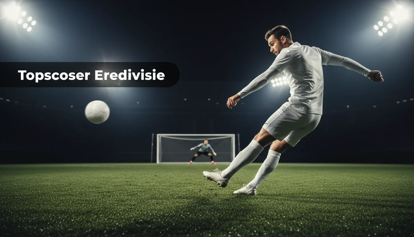 Eredivisie-spits schiet de bal hard in de bovenhoek van het doel op een natuurgrasveld