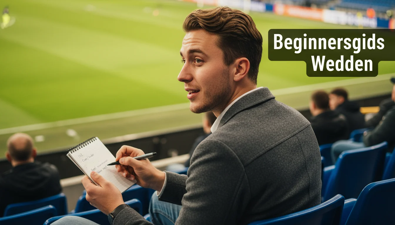 Jonge man kijkt aandachtig naar zijn eerste Eredivisie-wedstrijd vanuit het stadion met een notitieboek op schoot