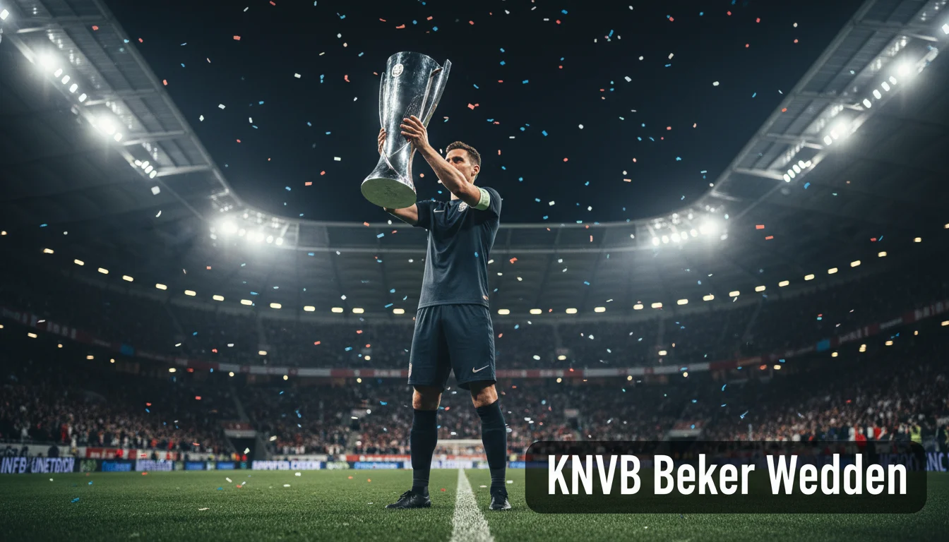 Voetbalkapitein heft een zilveren bekertrофee omhoog op het veld na de KNVB Beker-finale