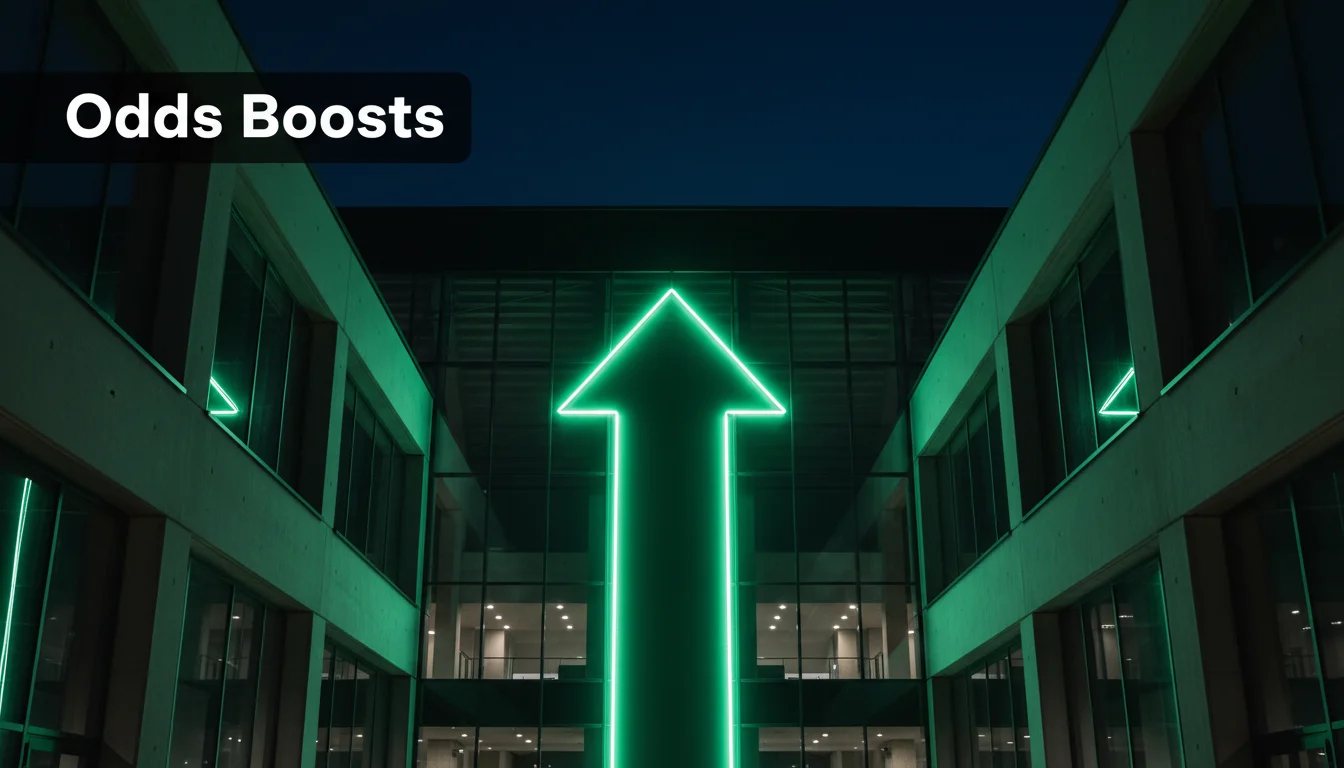 Grote verlichte pijl omhoog boven een Eredivisie-stadion die verhoogde quoteringen symboliseert