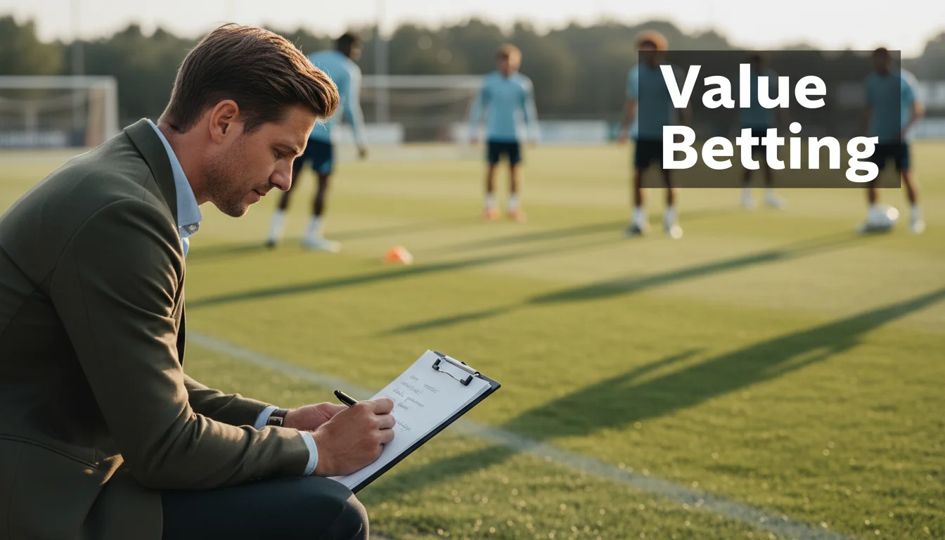 Voetbalanalist bestudeert aandachtig statistieken op een notitieboek aan de zijlijn van een Eredivisie-veld