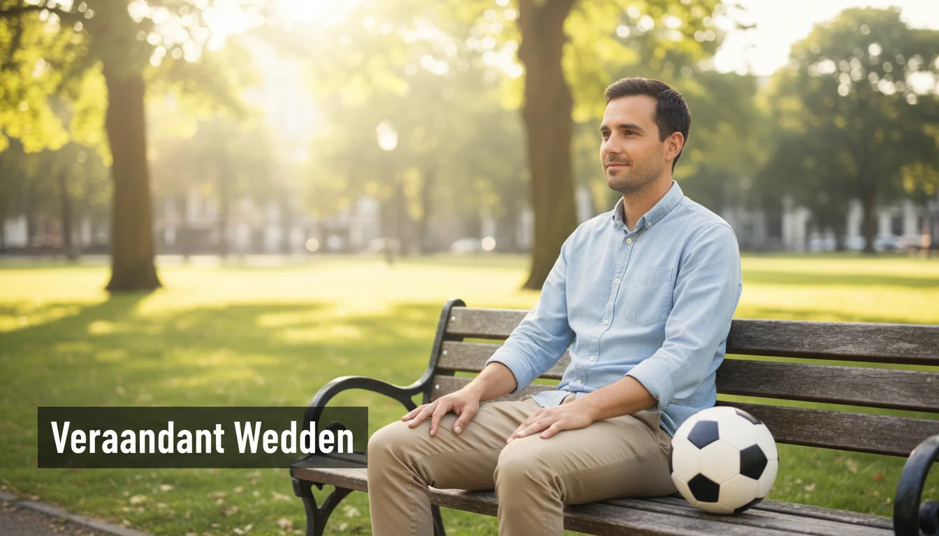 Rustige man zit op een bank in een park en denkt na met een voetbal naast zich — bewust pauze nemen