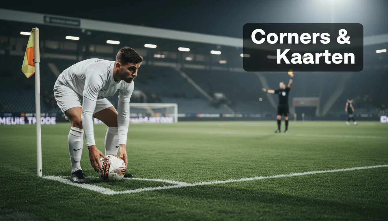 Eredivisie-speler treedt aan voor een hoekschop terwijl de scheidsrechter een gele kaart toont op de achtergrond