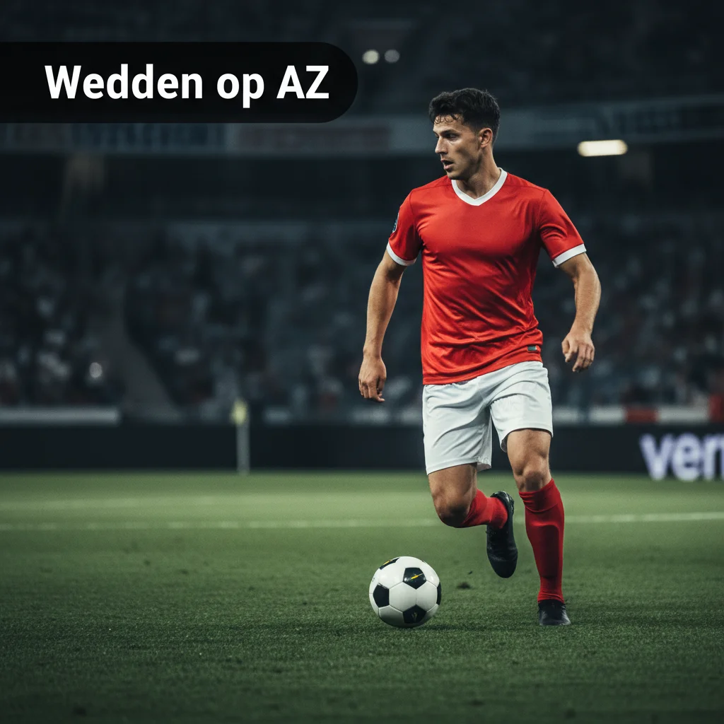 AZ-stijl voetballer in rood-wit shirt sprint met de bal over een natuurgrasveld in een stadion