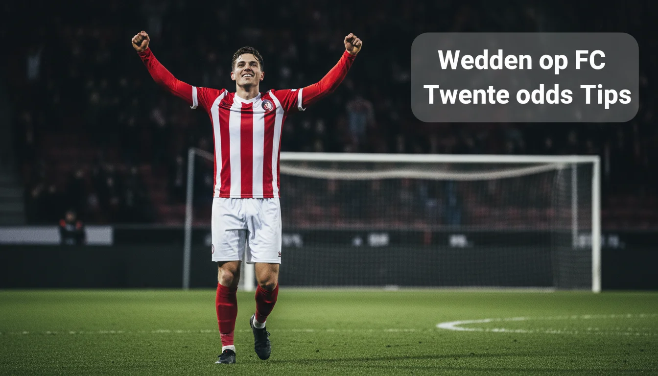 FC Twente-stijl voetballer in rood-wit gestreept shirt viert een doelpunt op het veld van de Grolsch Veste