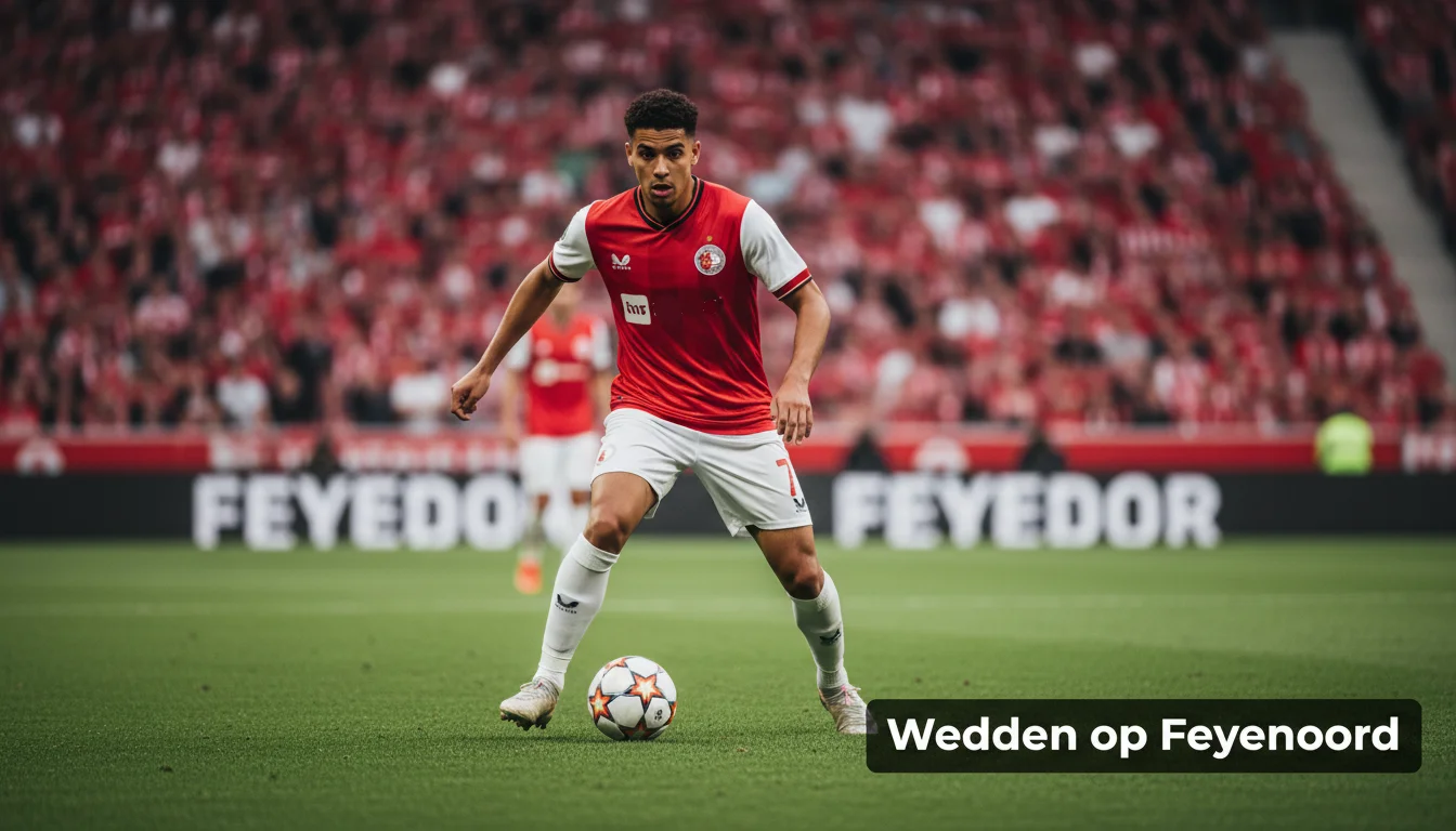 Feyenoord-speler in rood-wit shirt dribbelt over het grasmat van De Kuip